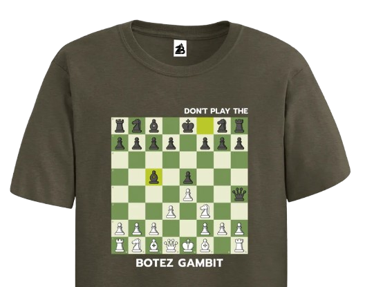 A black t-shirt showing a chess position where one player has let their Queen be captured