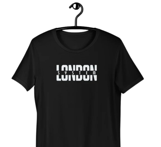 A black casual t-shirt with the words "London System" written in White. The word "London" is cut in half by the word "System"